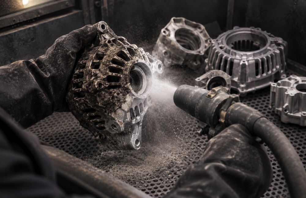 An alternator housing being sandblasted
